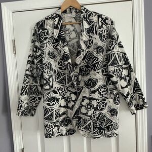 Vintage Worthington Essentials Black White Linen Blend Abstract Floral Blazer 14